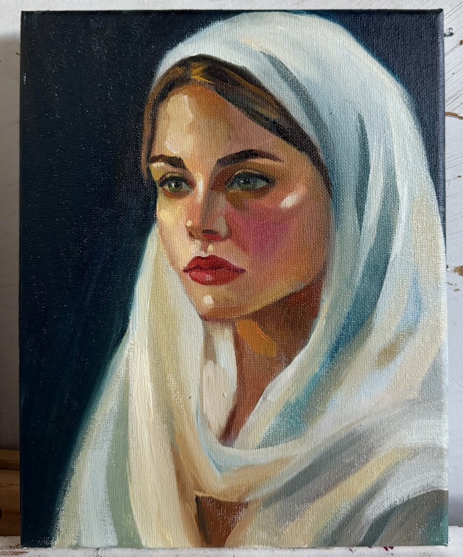 Sold. Commission available Original Oil Painting “Woman in White Veil», 10×8