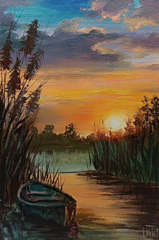 Original Miniature Sunset Lake Oil Painting Boat River Landscape 4x6 Small Art gallery