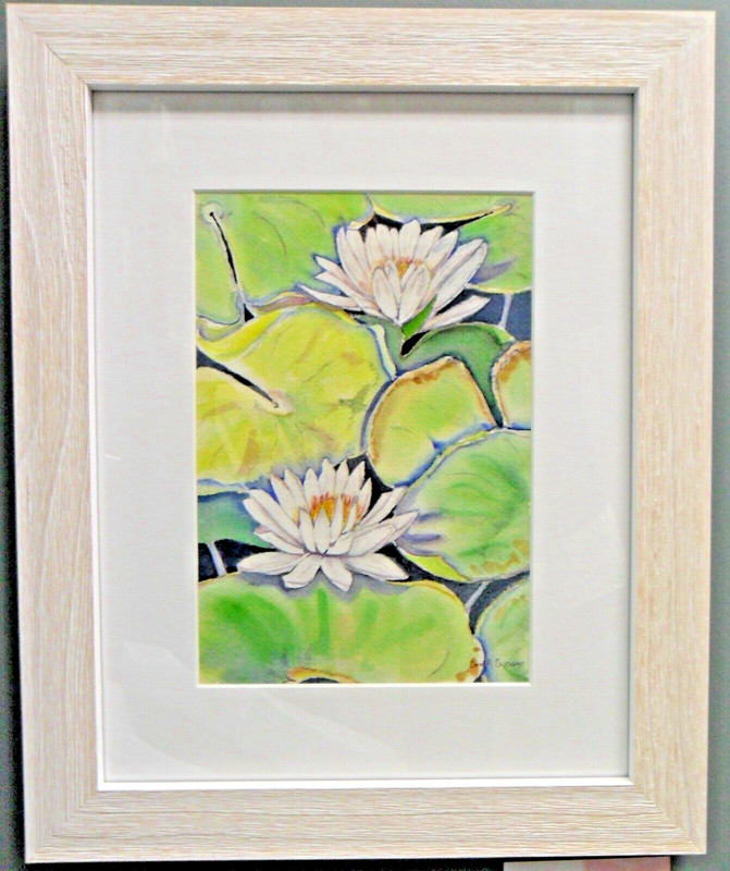 Framed Original Floral Watercolor Painting WHITE LOTUS WATERLILY Basciano 16×13