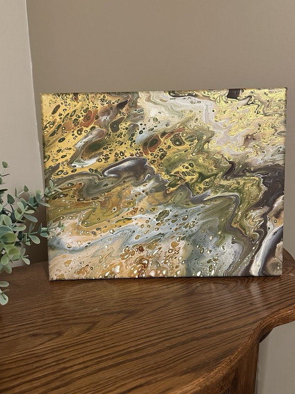 Abstract Acrylic Pour Painting on Canvas Gold Brown Green Fluid Art
