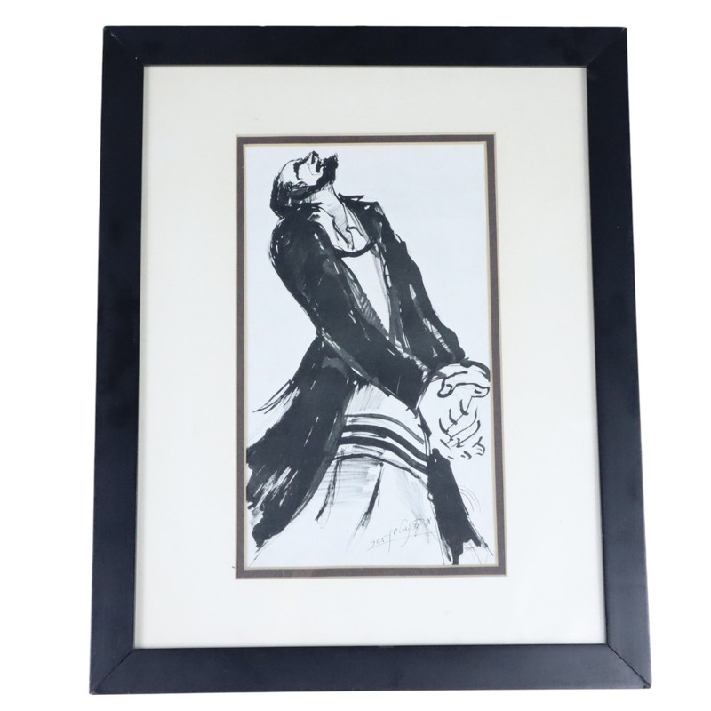 Vintage Moshe Bernstein The Prayer Framed Ink Painting Jewish Israeli MCM