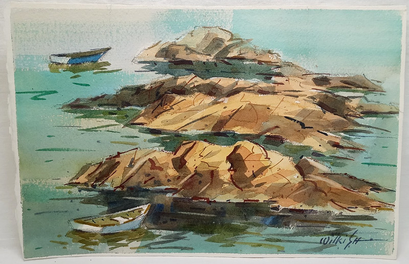 ORIGINAL WATERCOLOR PAINTING Hand Painted Artist SIGNED Green Ocean Matte Paper