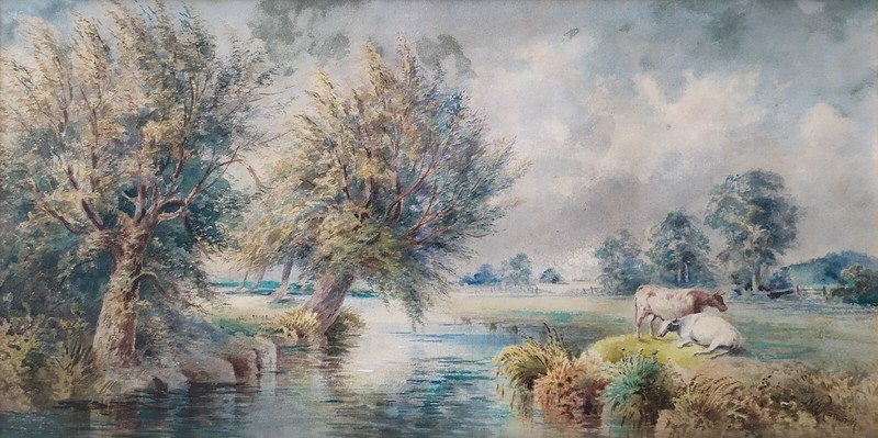 William Raworth Pastoral Landscape with Cattle XIX Ancient Watercolour Painting