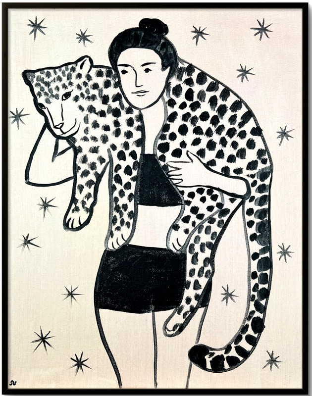 Woman & Jaguar Painting, Black & White Vintage Circus Style Art 11×14