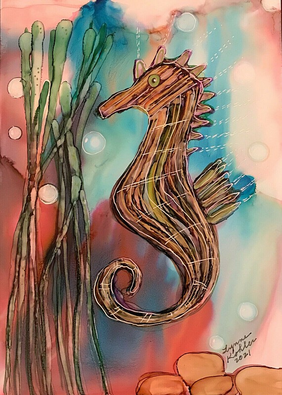 Original painting 5×7″ sea life SEAHORSE bubbles by Lynne Kohler