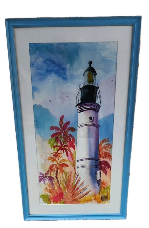Terry Madden original Watercolor On Paper Lighthouse Palm Trees