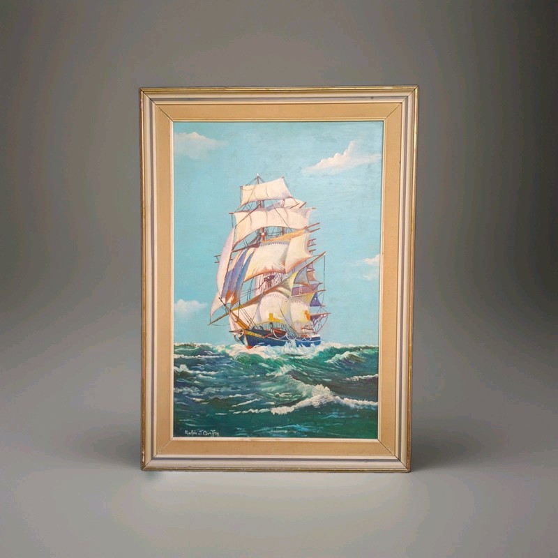 Vtg Nautical Painting Ralph J. Griffin UK Chapel Rock Studios 20×30″ Tall Ship