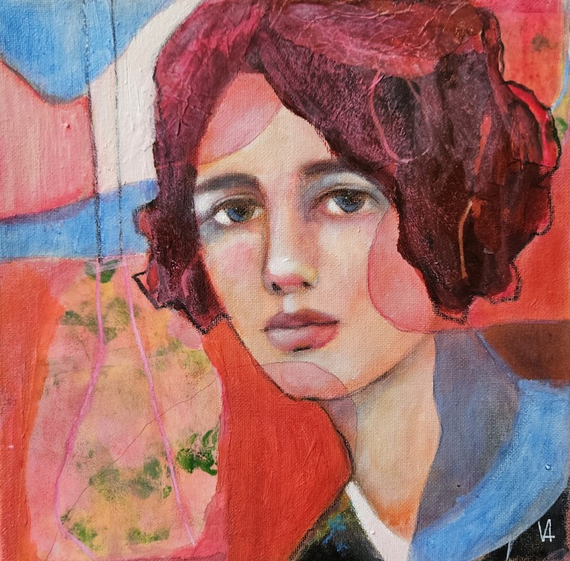 Painting Original Abstract Woman Portrait Canvas REDHEADED Expressionis 10×10″