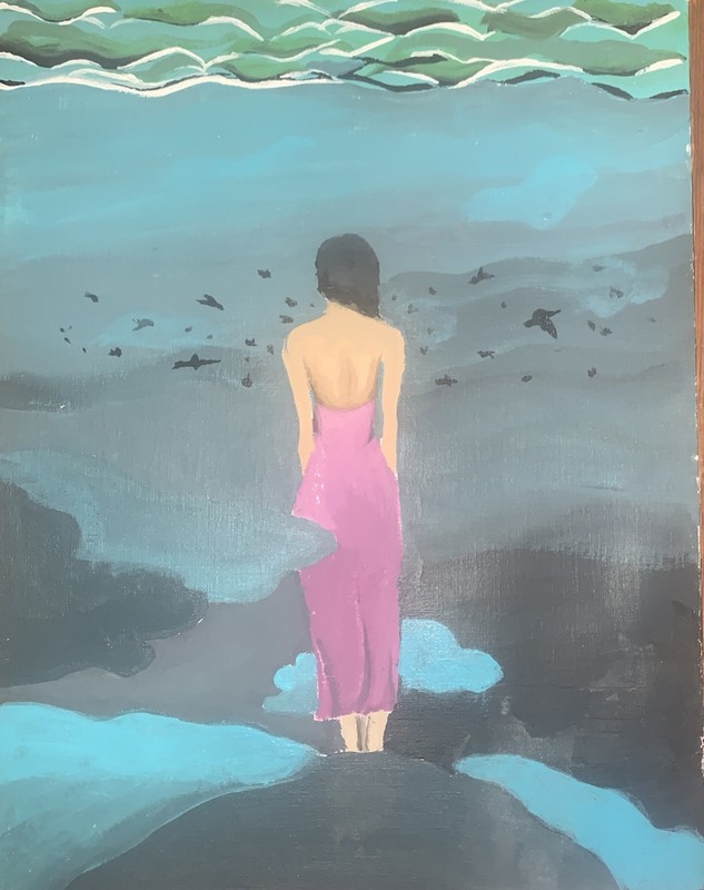 VTG Modern Lady In Mist W/Birds Wearing Violet Sarong Unframed 11”x14”