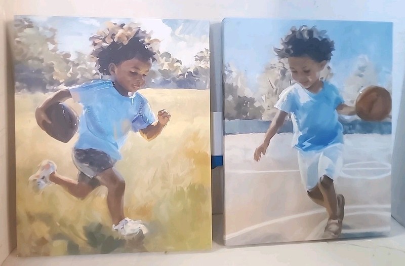 African American Child Playing Sports Canvas Painting Set Of 2