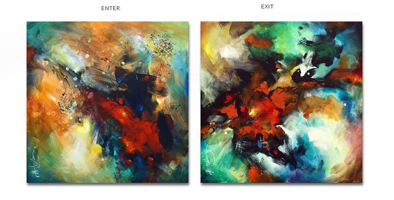 two abstract paintings similar related colorful decorative original Mike Lang ar