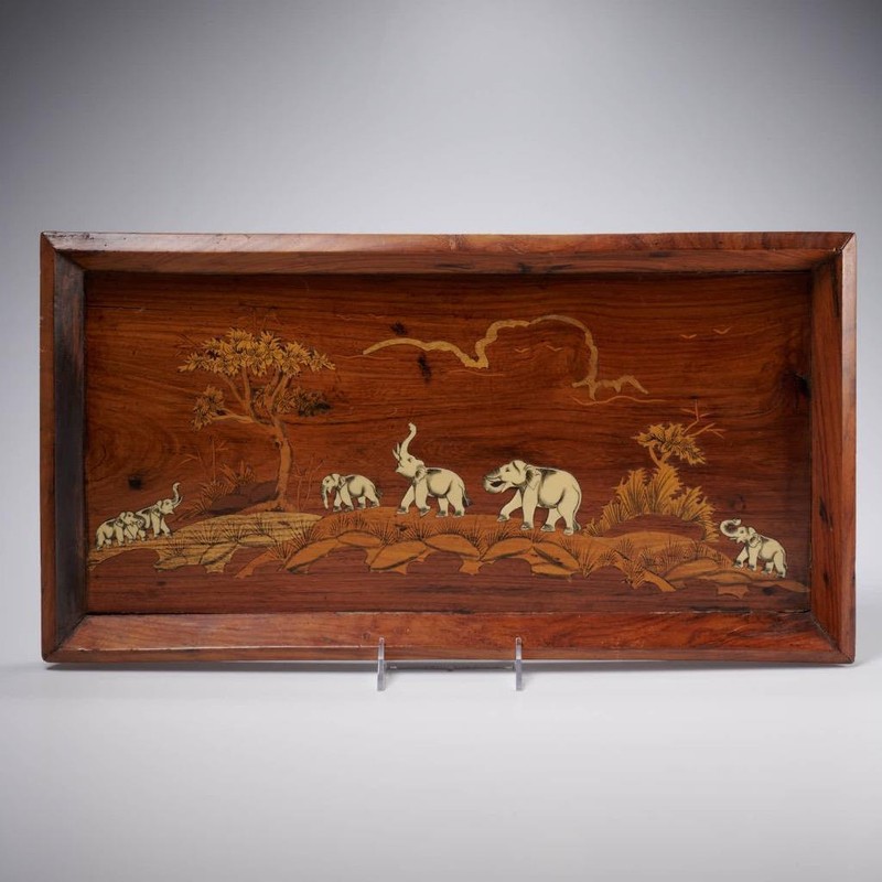 Marquetry Inlaid Wood Elephant Panel Wall Hanging Art Serving Tray 22.5″l