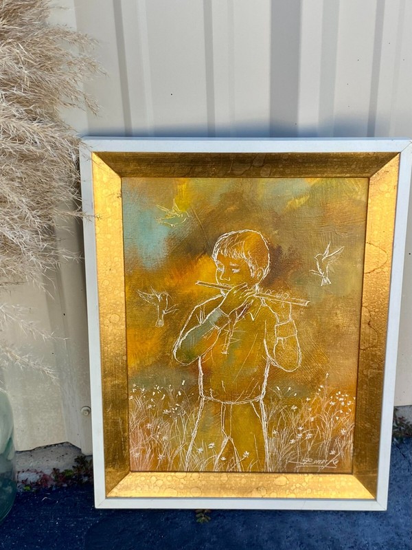 William Benecke Boy Musical Instrument Oil Painting on Canvas Signed RARE gallery