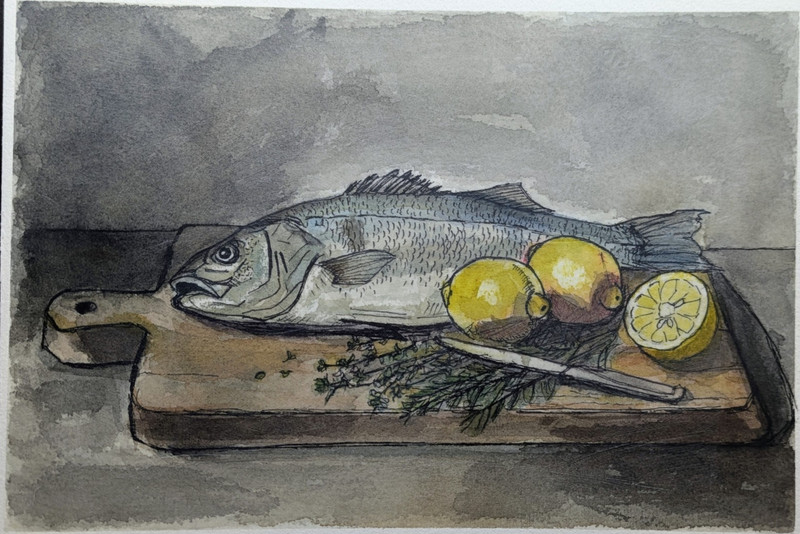 Still Life Food & Drink Print, Fish and Lemons, Landscape Orientation