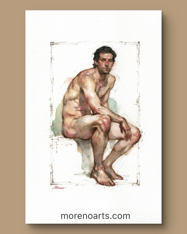Original Watercolor Painting Male Figure Portrait Book Page (5.5 × 8.5 inches)