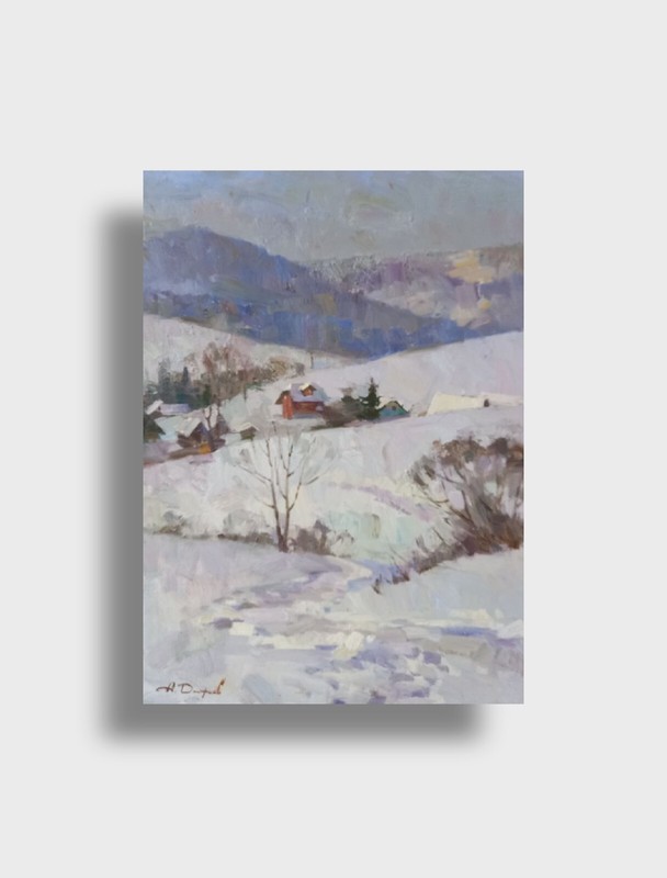 Oil painting Snowy expanses Ukrainian painter cardboard original winter landscap