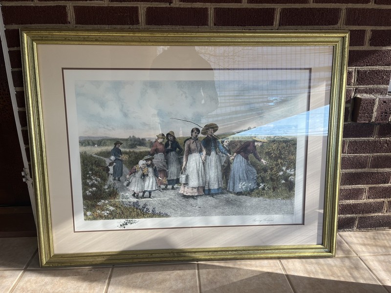 1948 Framed painting «Berry Pickers» by Jennie Brownscombe Etching by Jas S.King