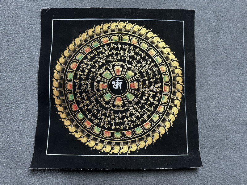 Om Mani Padme Hum Mantra Mandala Thangka Black Gold original Hand painted Thanka