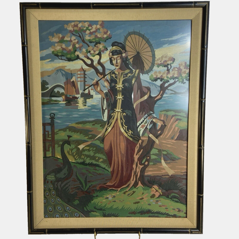 VTG Japanese Geisha Portrait Paint By Number Peacock Faux Bamboo Frame 21 x 27