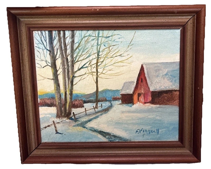 Frederick J Pearsall Landscape Painting Winter Barn Snow Vintage Rhode Island RI