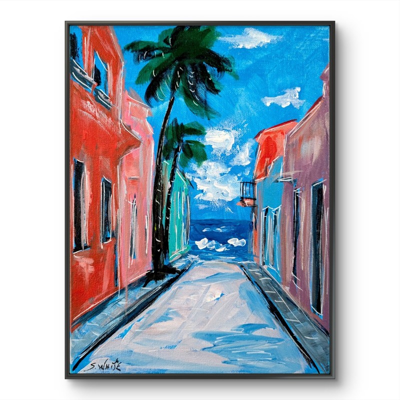 Caribbean Street 9×12 Original Painting Ocean View Road Collectible Art SWhite