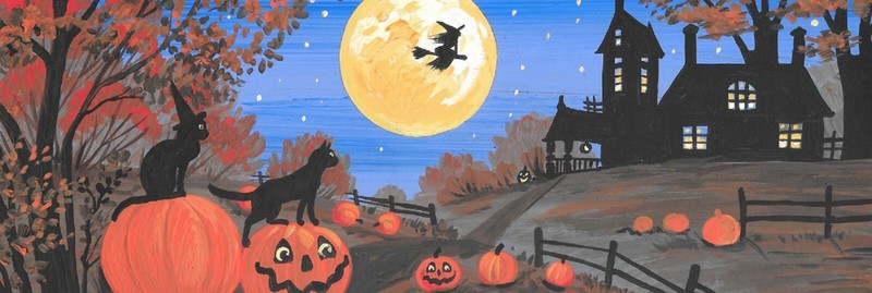 12×4 print of painting RYTA Halloween Black Cat Salem Witch House Autumn art owl