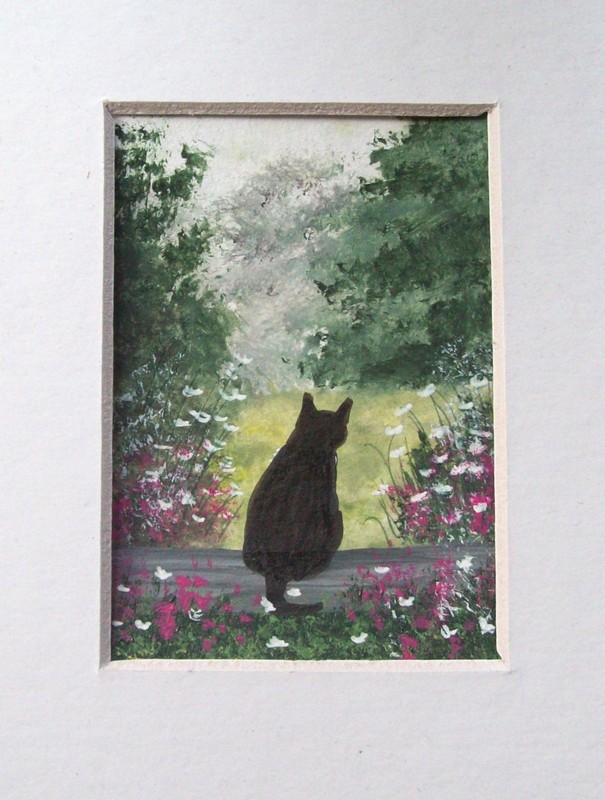 ACEO ORIGINAL HAND PAINTED SIGNED # THE BLACK CAT# LANDSCAPE PAINTING