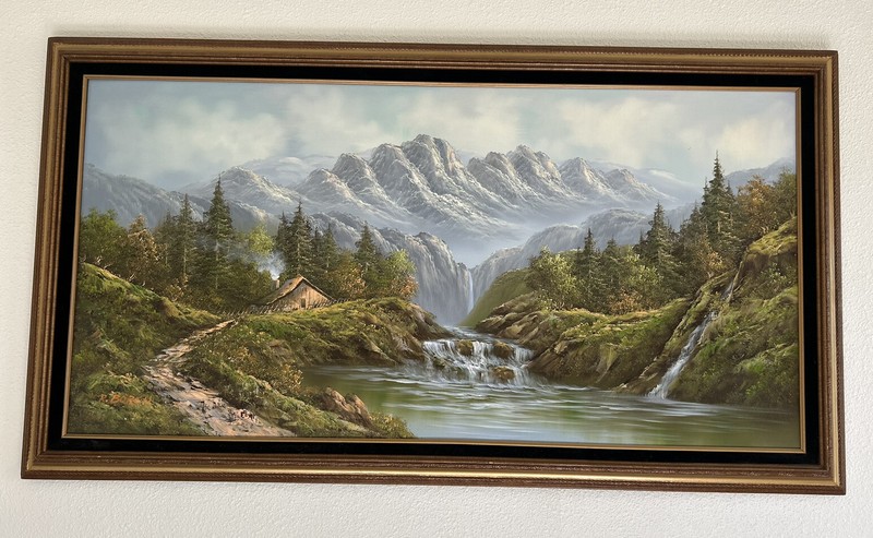 Framed HUGE 24×48 R. Boren Painting Mountain Waterfall Oil On Canvas