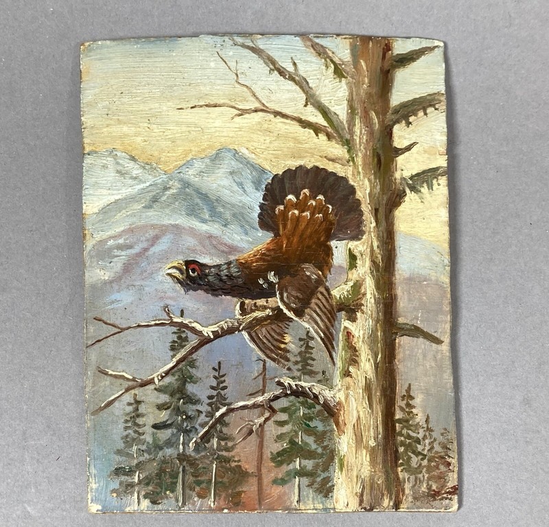 Small oil painting courtship capercaillie after Walter Hoy in postcard format