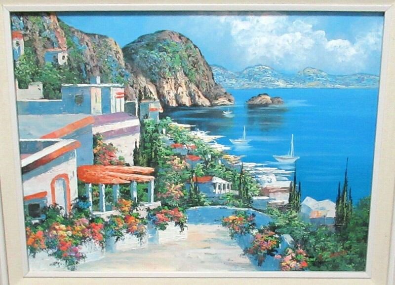 C.LOFT ORIGINAL OIL ON CANVAS COSTAL SEAPORT BOATS PAINTING