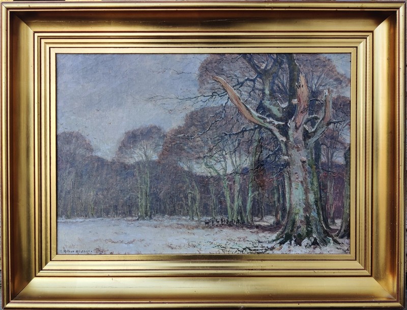 Arthur Nielsen (1883-1946): WINTER FOREST, original oil painting.