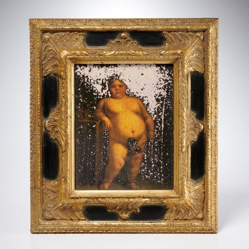Fat Chubby Child Oil on Wood Board Painting in Ornate Gold Gilt Wood Frame 16.25