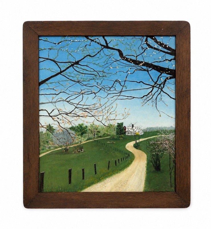 Folk Art Style Country Landscape Painting – Winding Path & Farmhouse – 23×19
