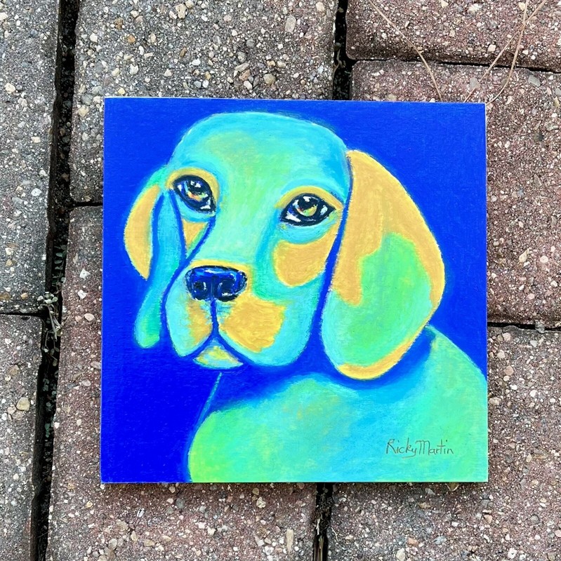 Abstract Dog Original Oil Pastel Painting 8 X 8 x 1/2 Inch RICKY MARTIN
