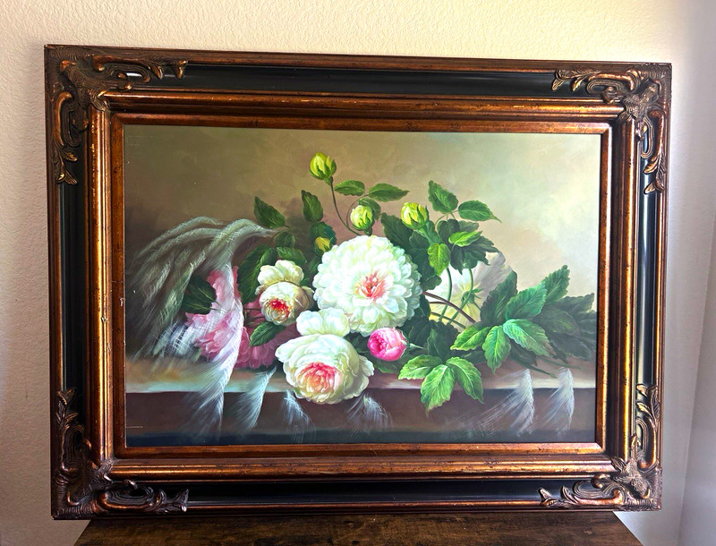 Original Canvas Painting Floral Still Life Realism 35×37 Framed OOAK vintage