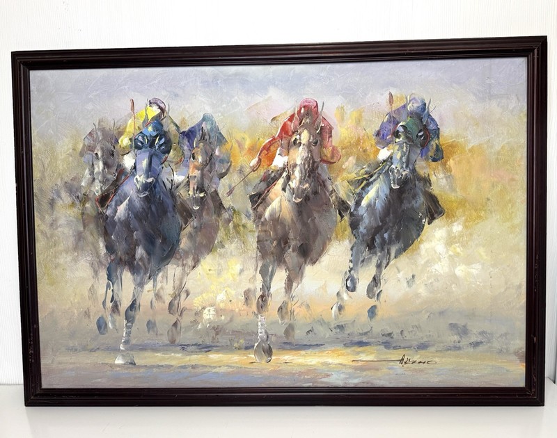 Horse Racing Painting Oil on Canvas Anthony Veccio Framed & Signed 38×26
