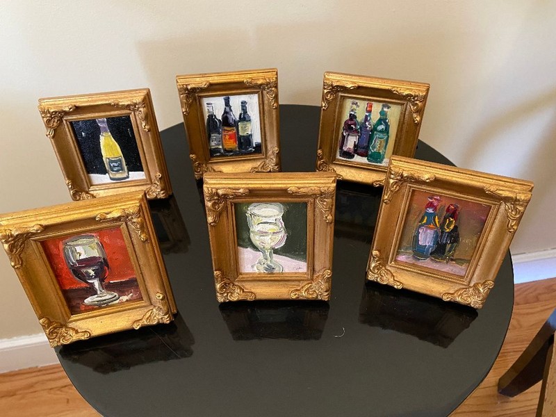 Mini Framed Wine Bottle/ Wine Glass Art 4 x 3 1/2″- Hand Painted- Set of Six