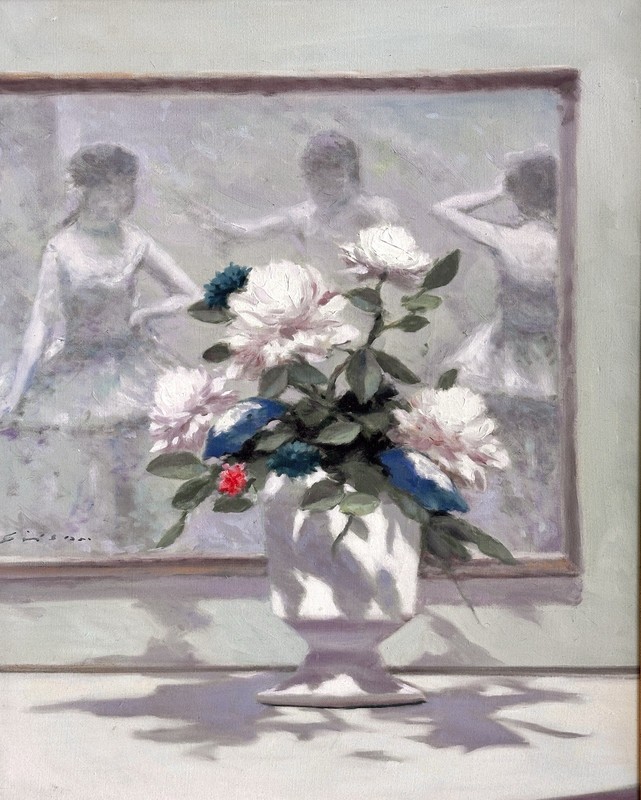 Andre Gisson oil painting Flowers with a Painting of Ballet Dancers