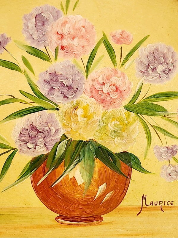 VTG Round Hand Painted Spring Flowers on Board Wall Hanging Pink Framed 11.5" gallery
