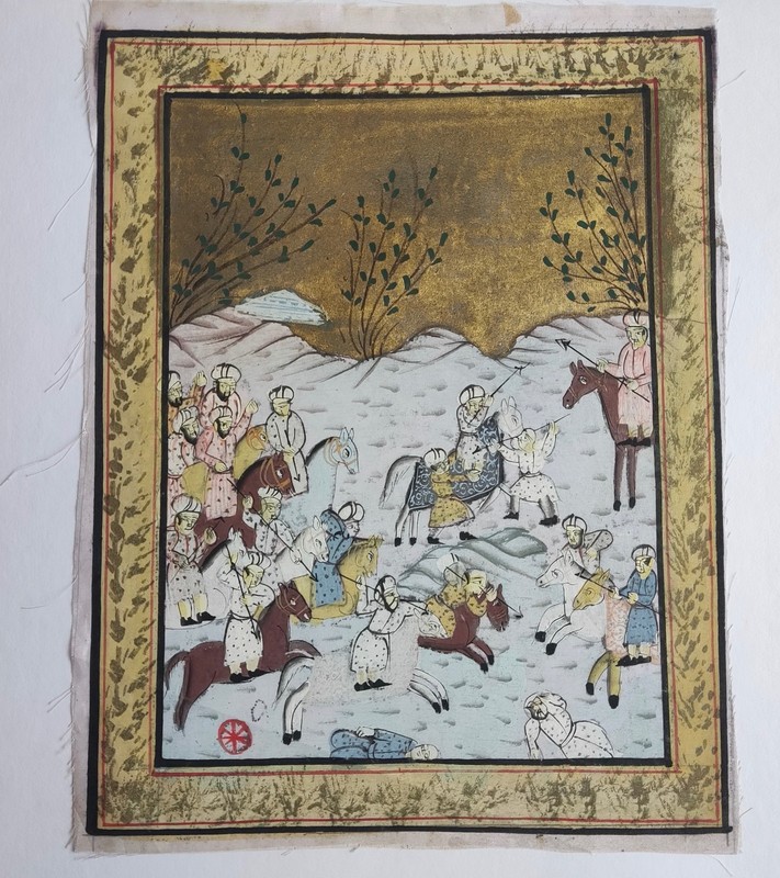Antique gouache painting in the style of the Indo-Persian Mughal era on silk of