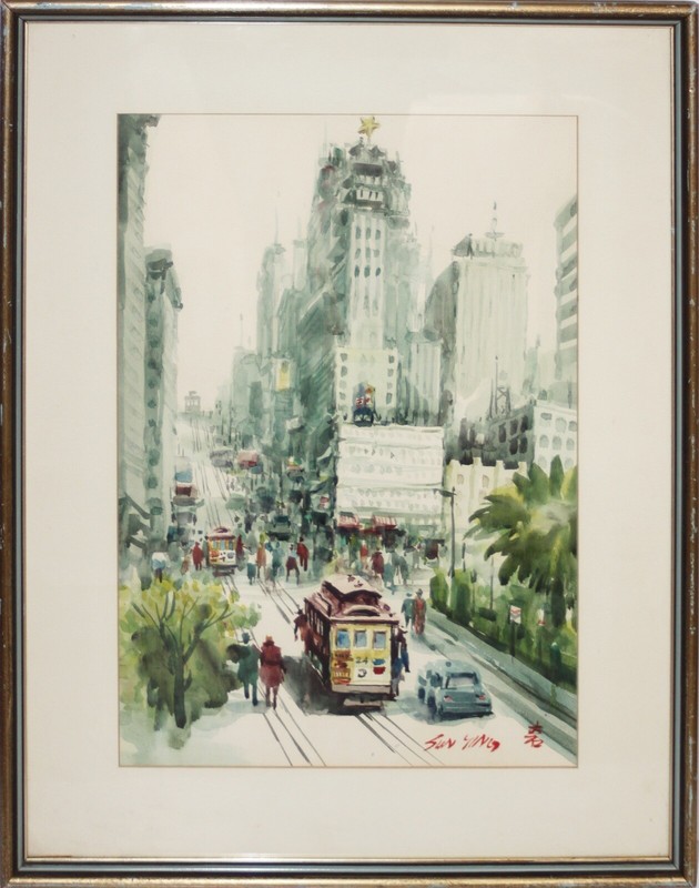 YING SUN-Chinese/CA Impressionist-Original Signed WC-Old San Francisco Street gallery
