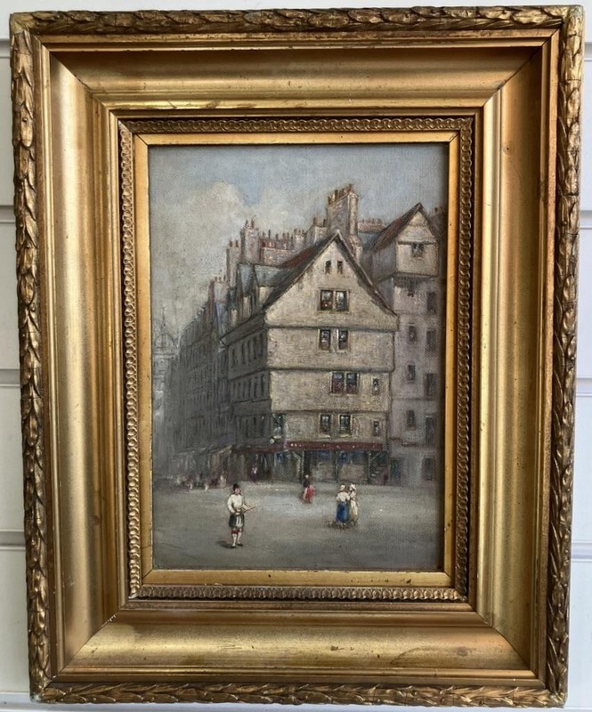 ANTIQUE OIL PAINTING Head of West Bow Edinburgh HENRY GIBSON DUGUID Cityscape