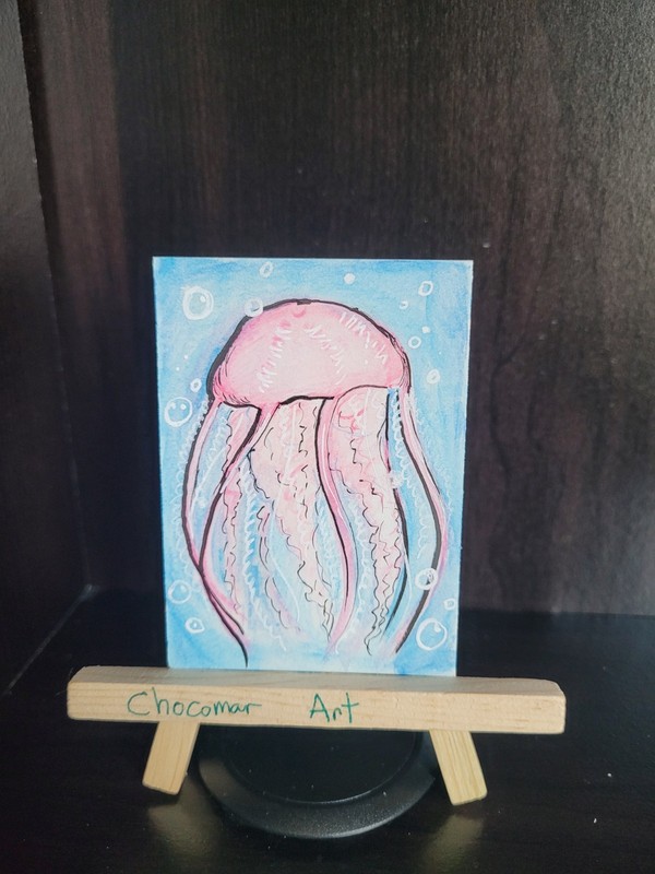 Pink Jellyfish- Original Art ACEO Miniature Painting Watercolor Pencil