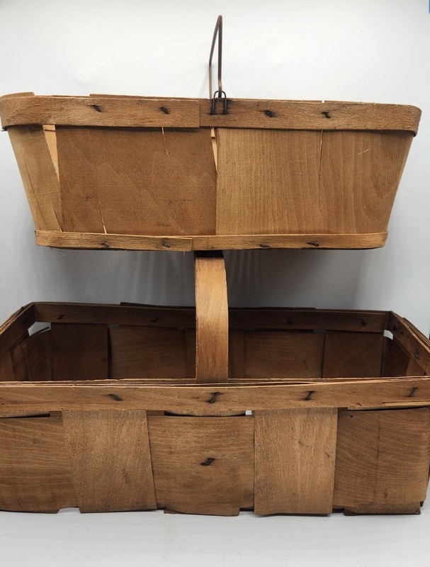 2 Gathering Market Basket Slat Bent Wood w/ Oak Spint Handle & Metal Handle