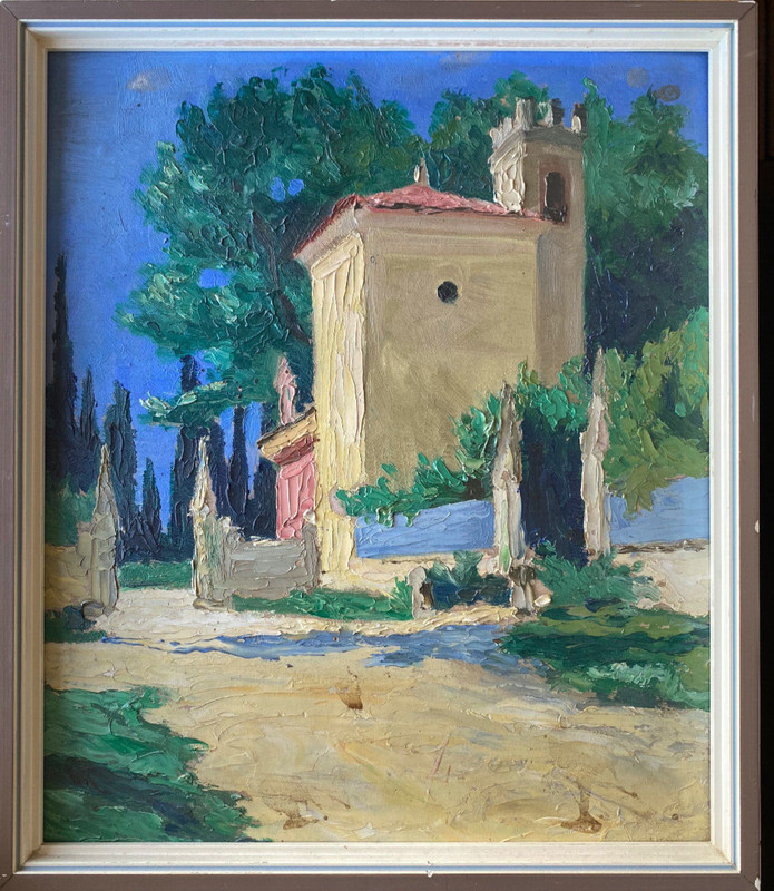::OIL PAINTING VIEW OF MEDITERRANEAN HOUSE WITH ARCHWAY AND VINE PLANTS