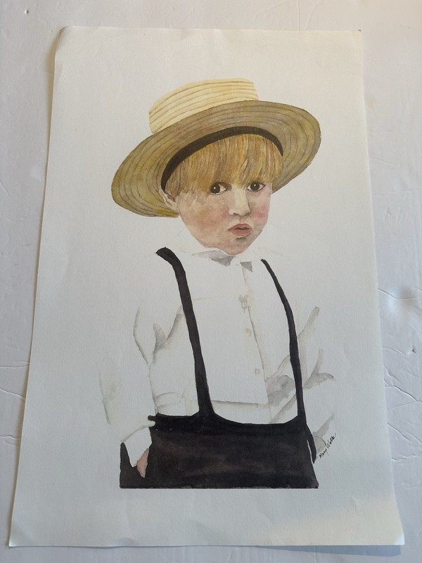 Vtg Amish Boy Portrait Watercolor Painting By Artist Mary Watke 16 1/2”x11”OOAK