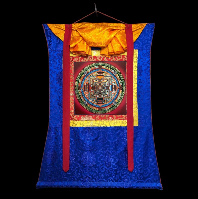 Silk Brocade Mounted Kalachakra Mandala, Wheel of Time Thanka, Dalai Lama