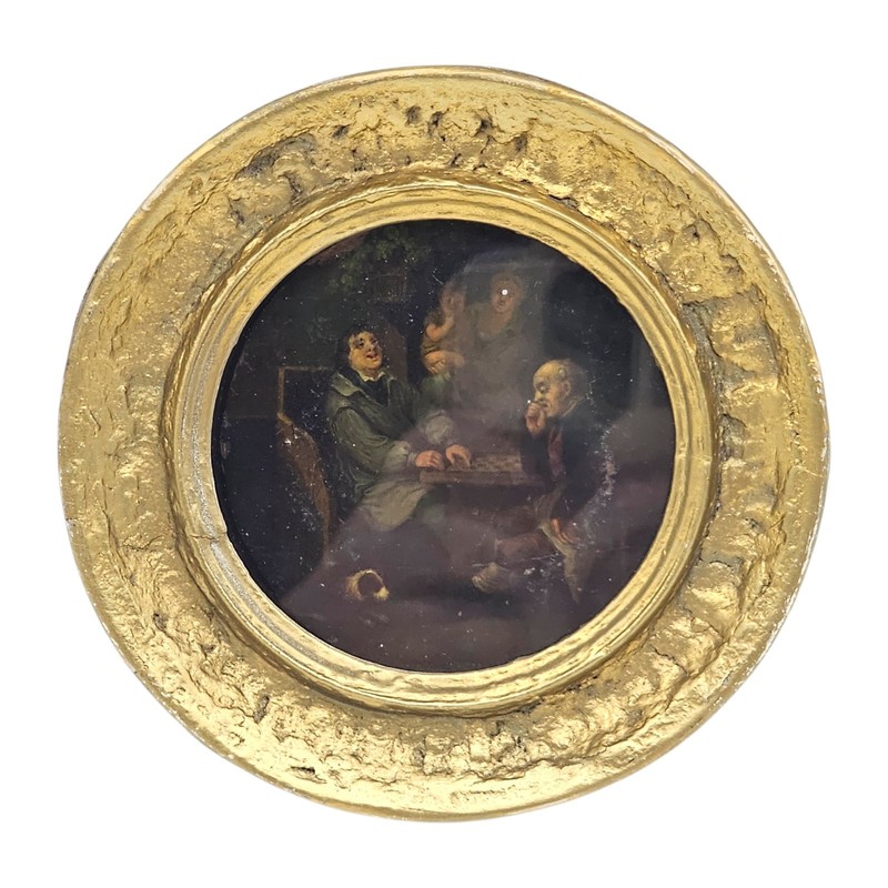 French Old Master Style Oil Painting Round Cabinet Panel Tavern Scene “Le Jeu" gallery