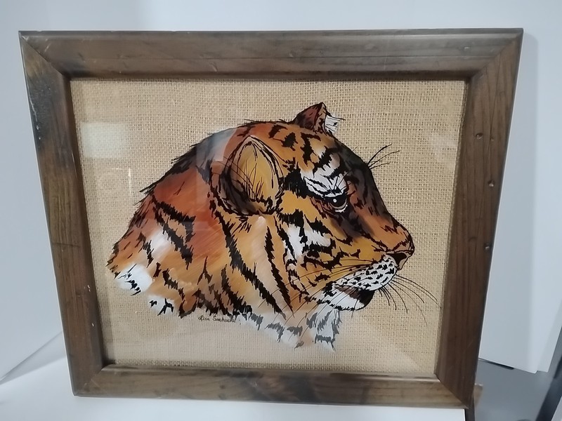 Vintage Art Reverse Glass Painting Of Tigers Head Frame 16”x14” Signed By Artist gallery
