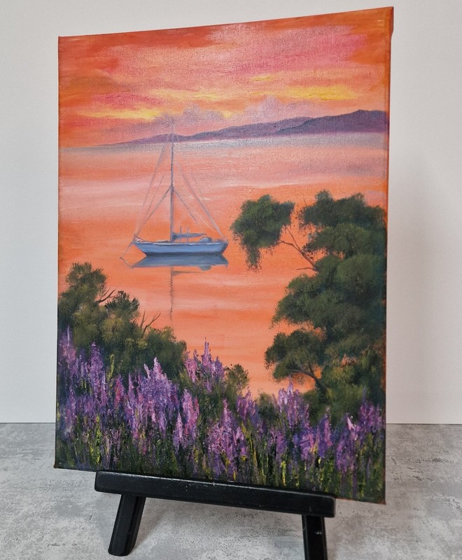 Mediterranean Oil Seascape Sunset Painting Bay with Boat and Trees Wall ART gallery